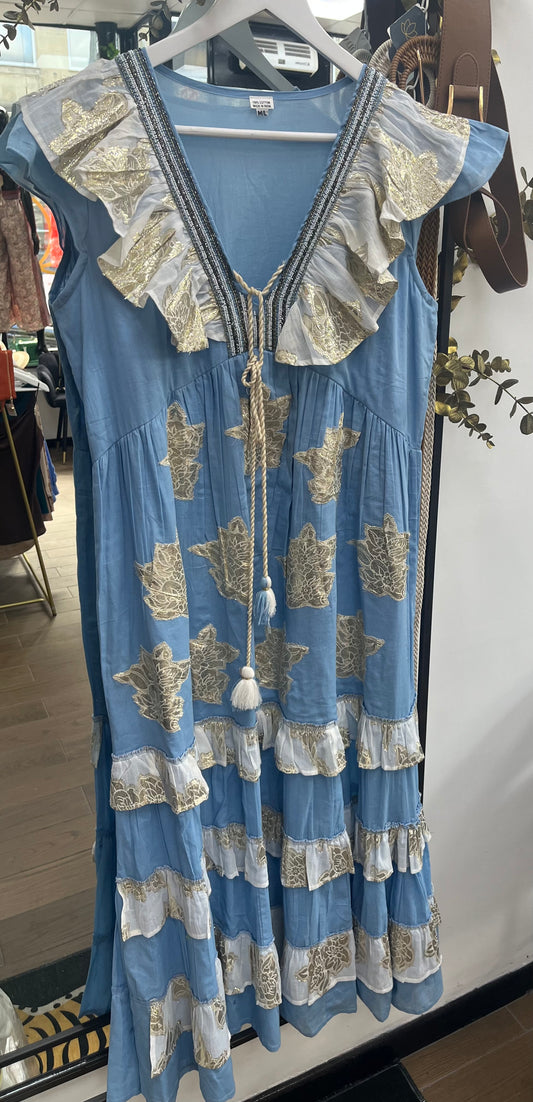 Blue Gold Foil Tassel Tierred Maxi Dress