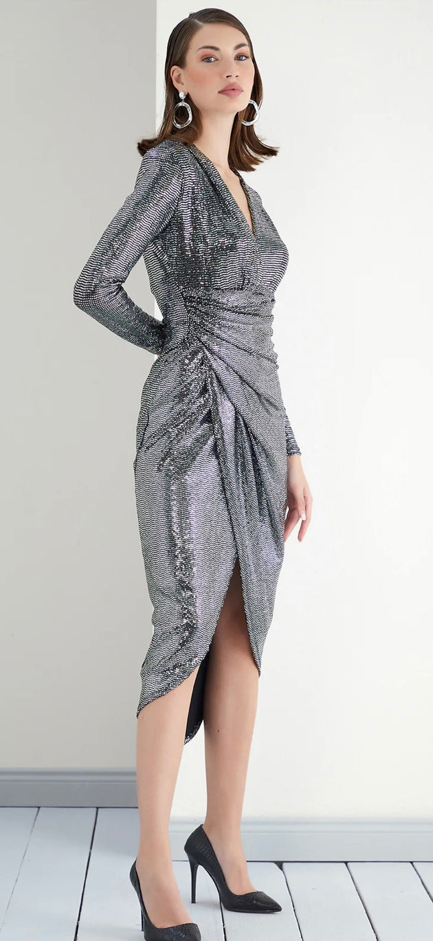Hex Sequin Ruched Front Side Split Midi Dress - Silver