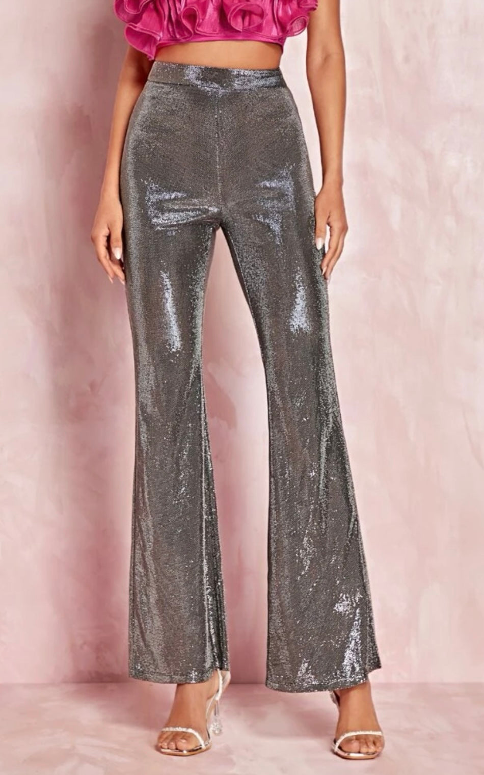 Sequin Flare High Waist Trousers In Silver
