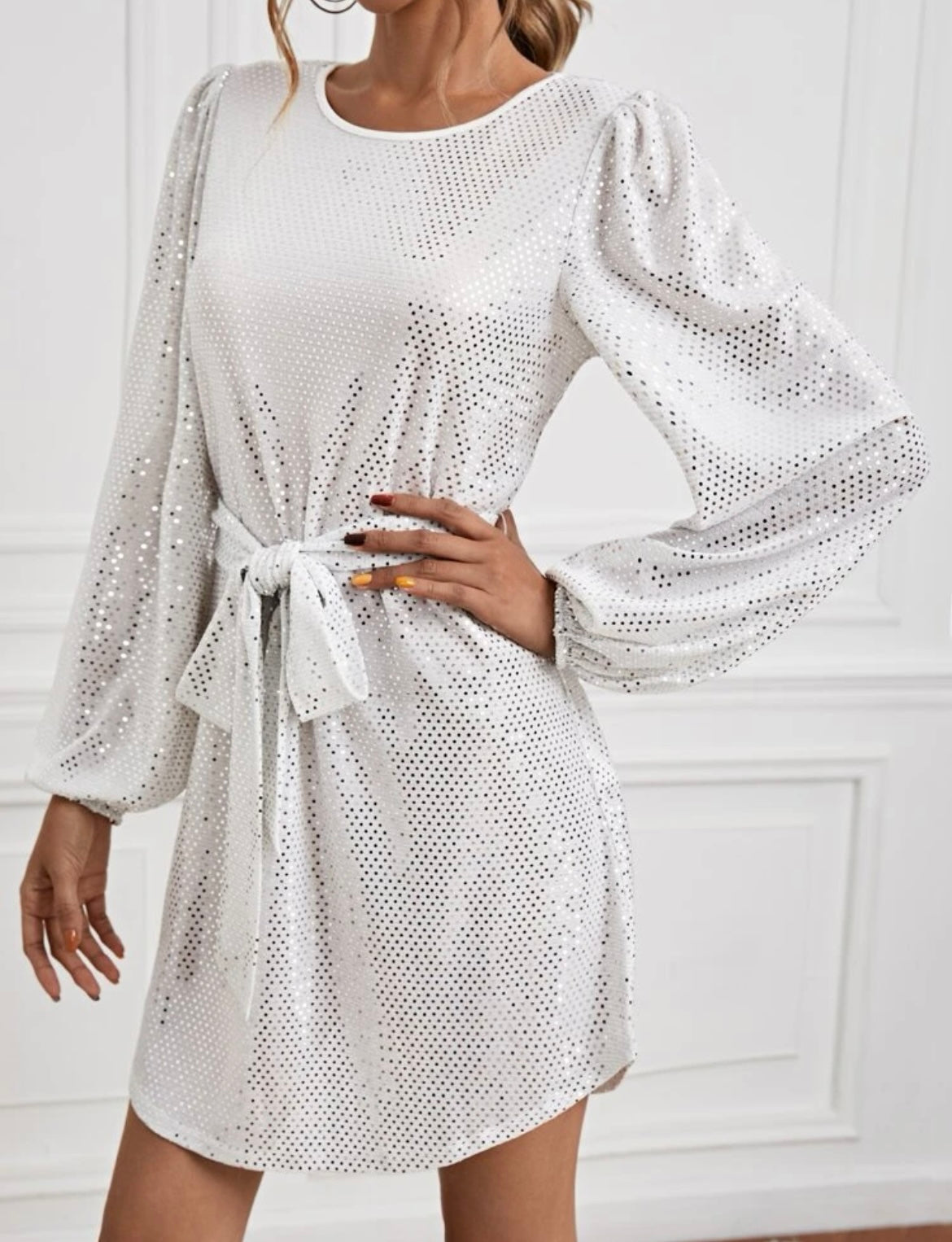 White Sequin Tie Front Dress