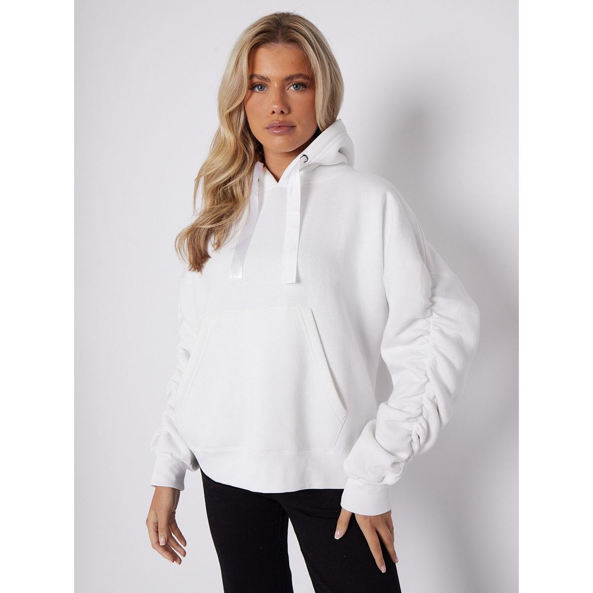Ribbon Detail Fleece Lined Ruched Sleeve Hoodie (5 Colours)