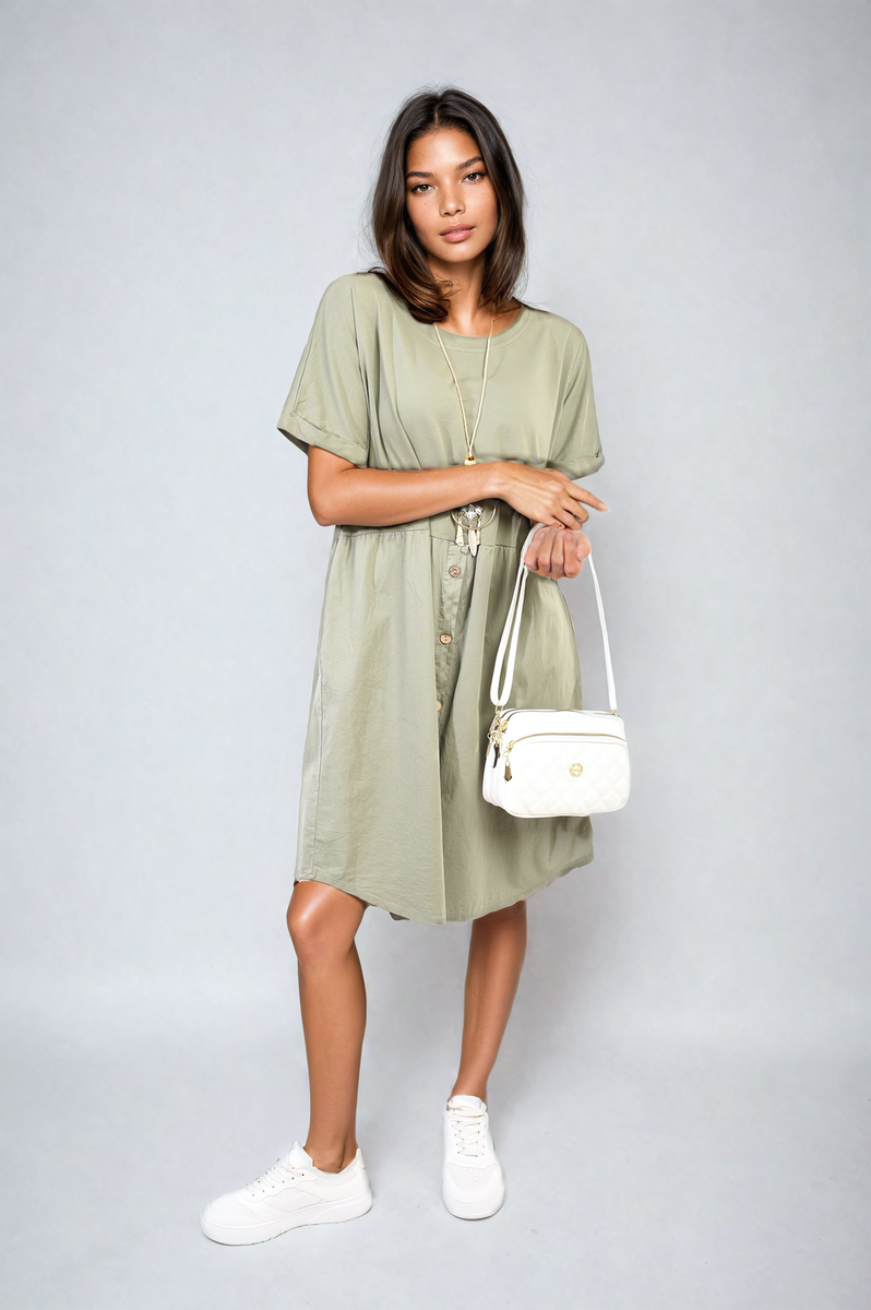 Short Sleeve Button Front Midi Dress