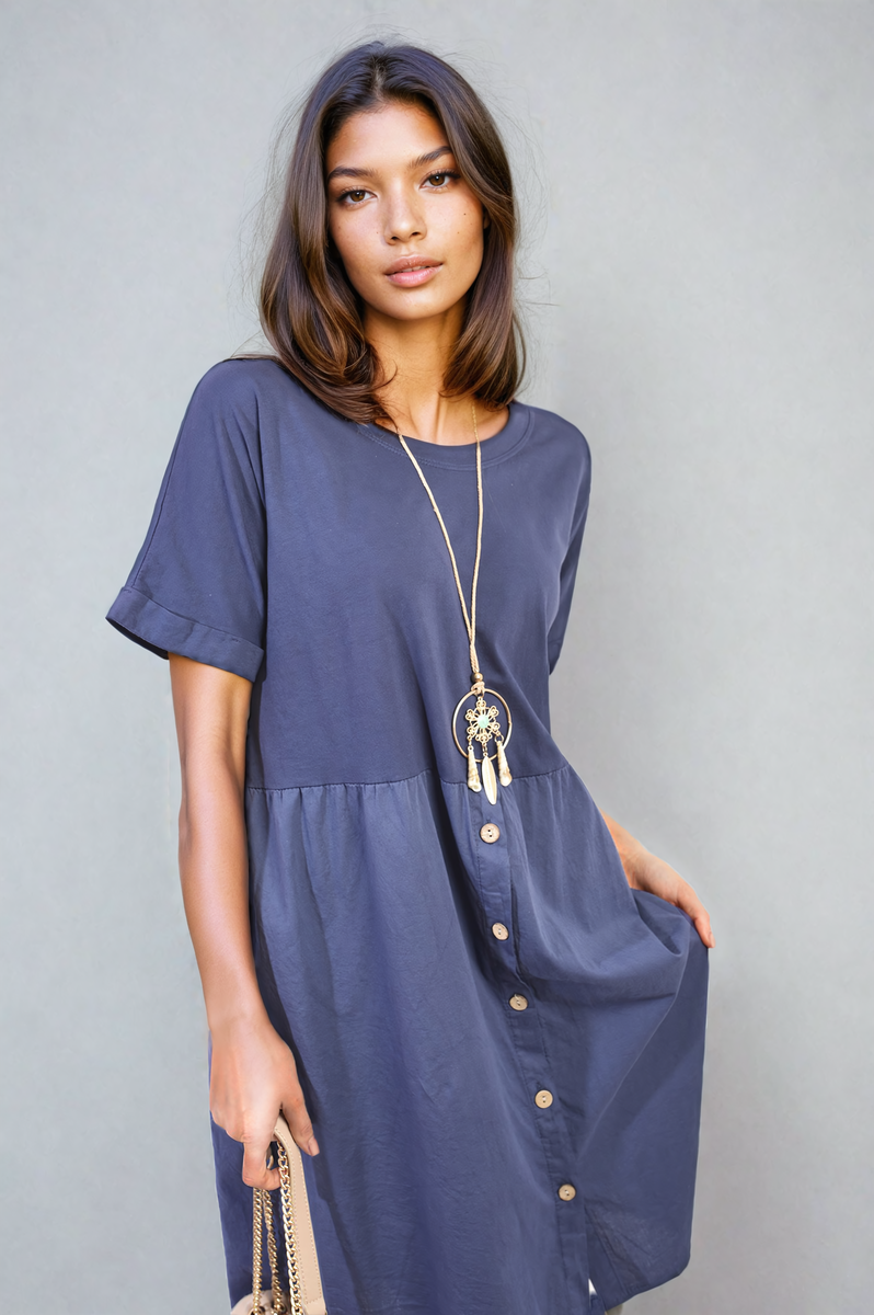 Short Sleeve Button Front Midi Dress