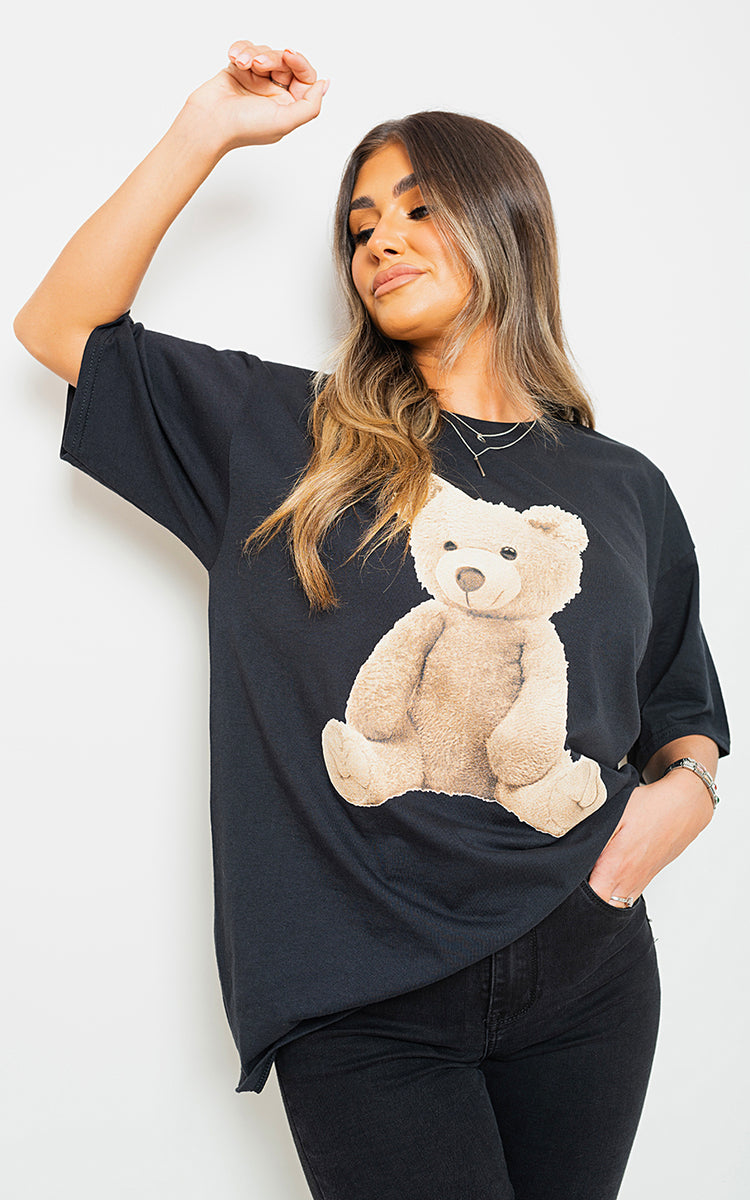 Short Sleeve Teddy Bear Printed Oversized Casual Top