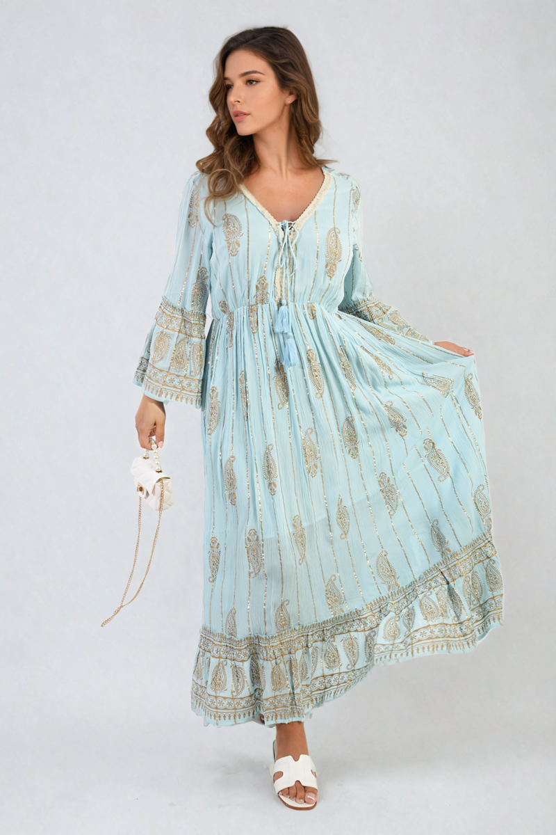 Embellished Boho Flounce Sleeve Maxi Dress