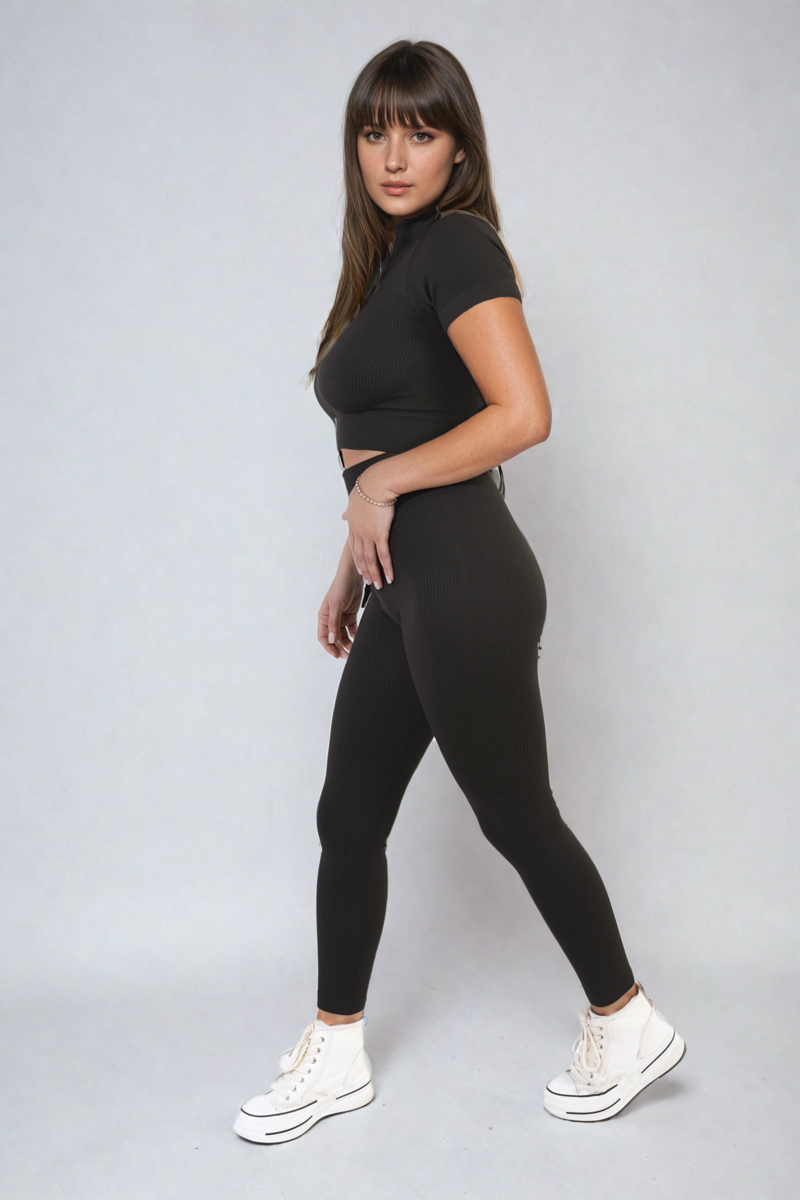 Ribbed Half Zip Crop Top and High Waist Leggings Co-ord Set