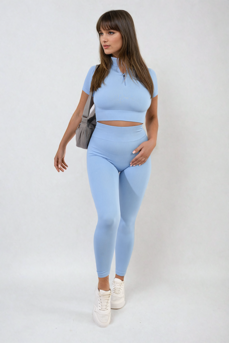 Ribbed Half Zip Crop Top and High Waist Leggings Co-ord Set