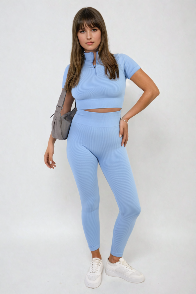 Ribbed Half Zip Crop Top and High Waist Leggings Co-ord Set