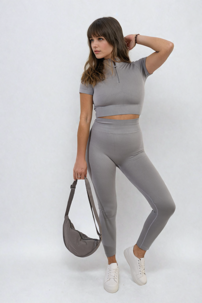 Ribbed Half Zip Crop Top and High Waist Leggings Co-ord Set