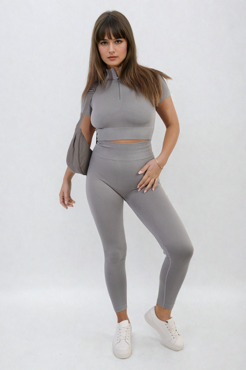 Ribbed Half Zip Crop Top and High Waist Leggings Co-ord Set