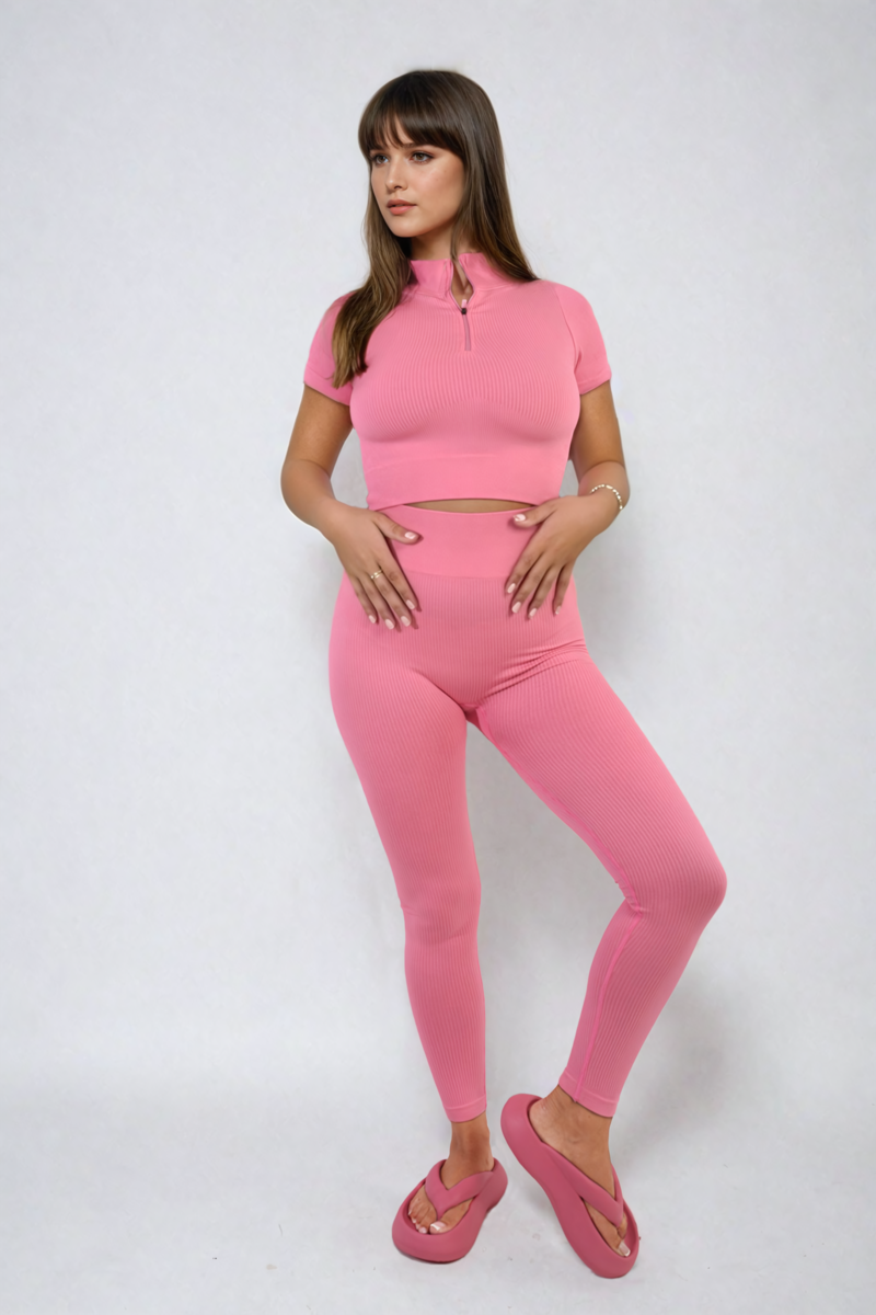 Ribbed Half Zip Crop Top and High Waist Leggings Co-ord Set