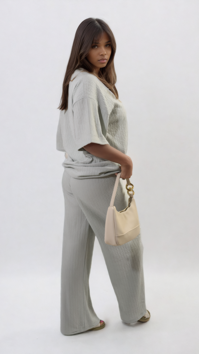 Ribbed Oversized Top and Drawstring Wide Leg Trouser Co-ord Set