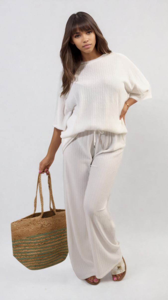 Ribbed Oversized Top and Drawstring Wide Leg Trouser Co-ord Set