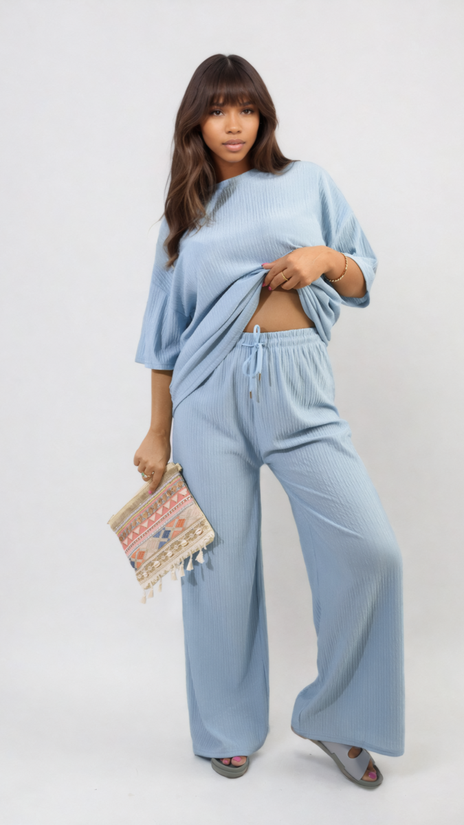 Ribbed Oversized Top and Drawstring Wide Leg Trouser Co-ord Set