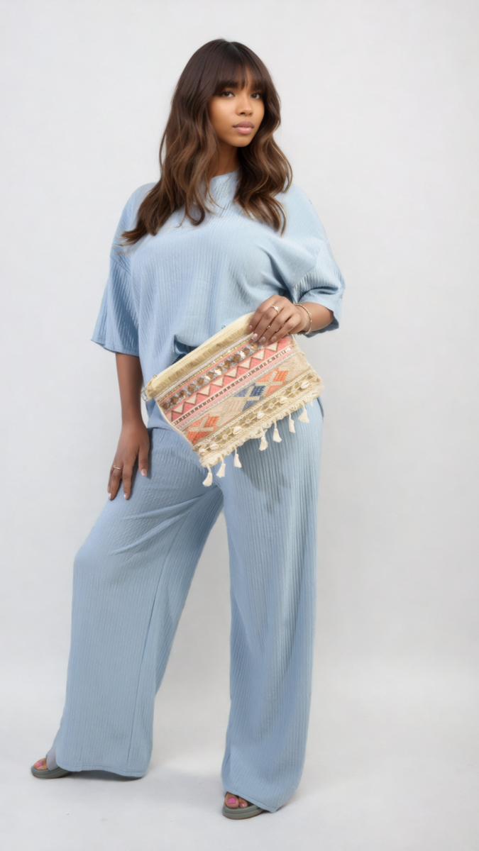 Ribbed Oversized Top and Drawstring Wide Leg Trouser Co-ord Set