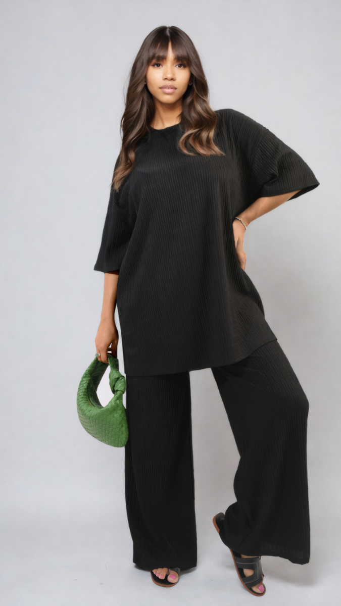 Ribbed Oversized Top and Drawstring Wide Leg Trouser Co-ord Set