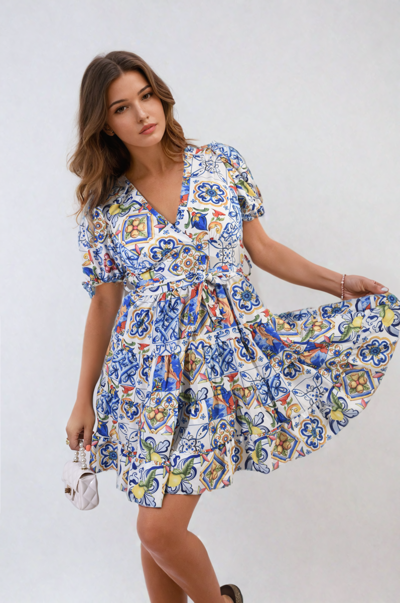 Floral V-Neck Tie Waist Mini Dress