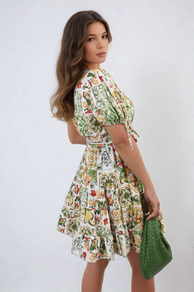 Floral V-Neck Tie Waist Mini Dress