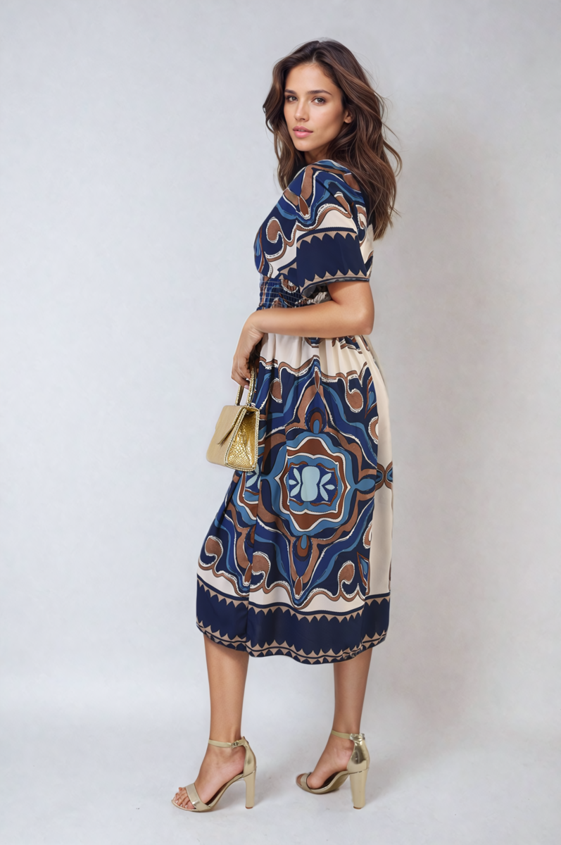 Ruched Printed V-Neck Short Sleeve Midi Dress