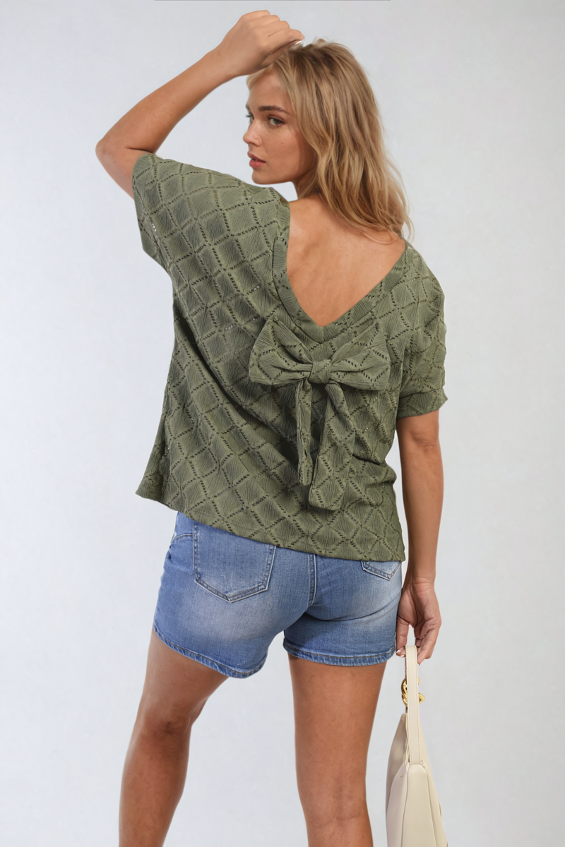 Bow Back Eyelet Details Short Sleeve Oversized Top