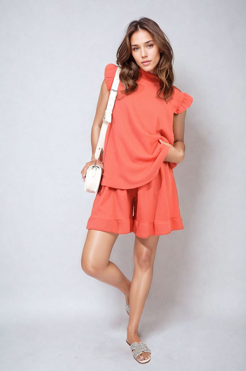 Ruffle Trim Sleeve Top and Shorts Co-ord Set