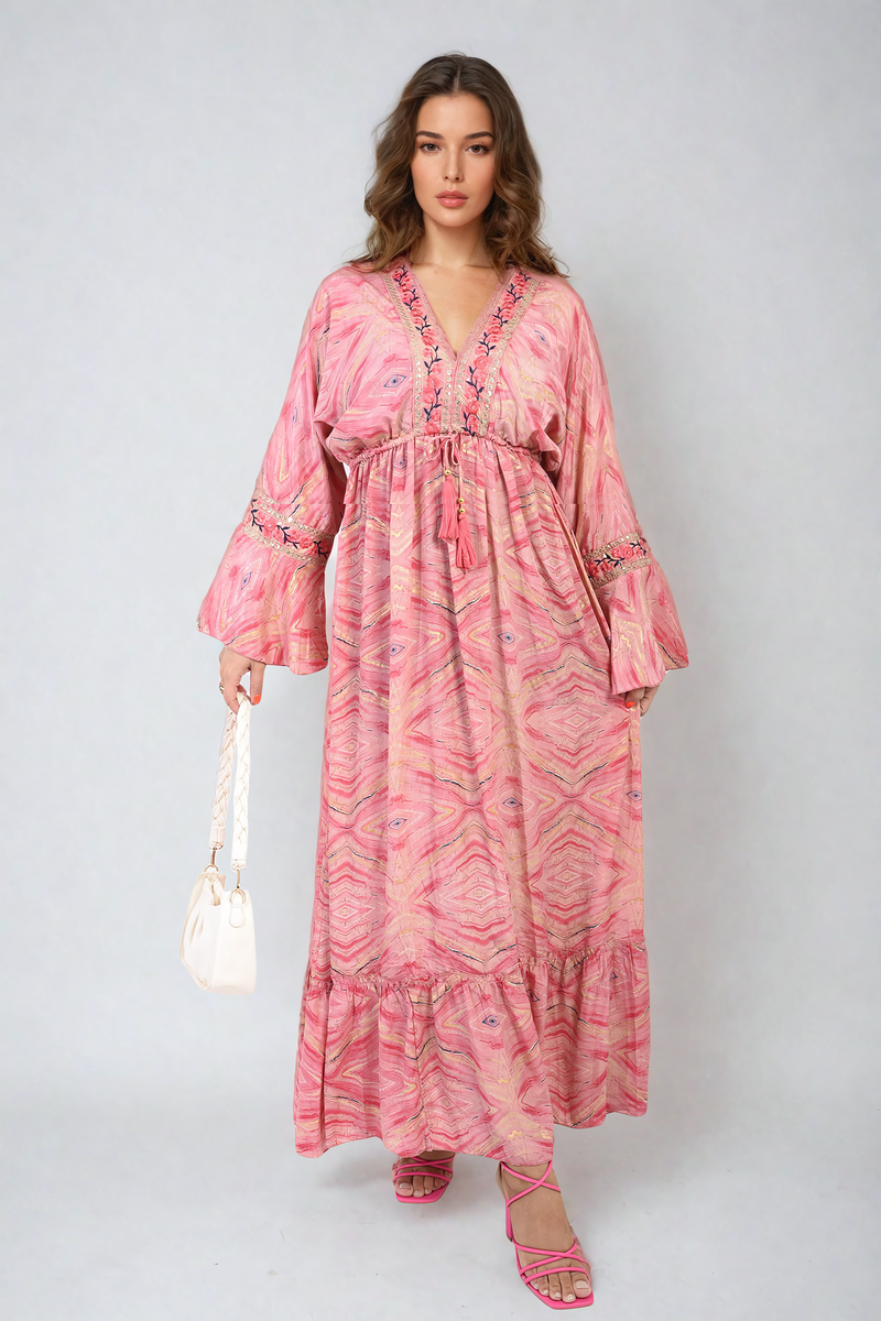 Printed Long V-Neck Ruffled Hem Maxi Dress with Front Tassel Detail