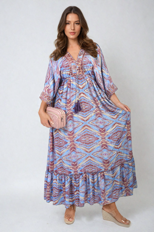 Printed Long V-Neck Ruffled Hem Maxi Dress with Front Tassel Detail