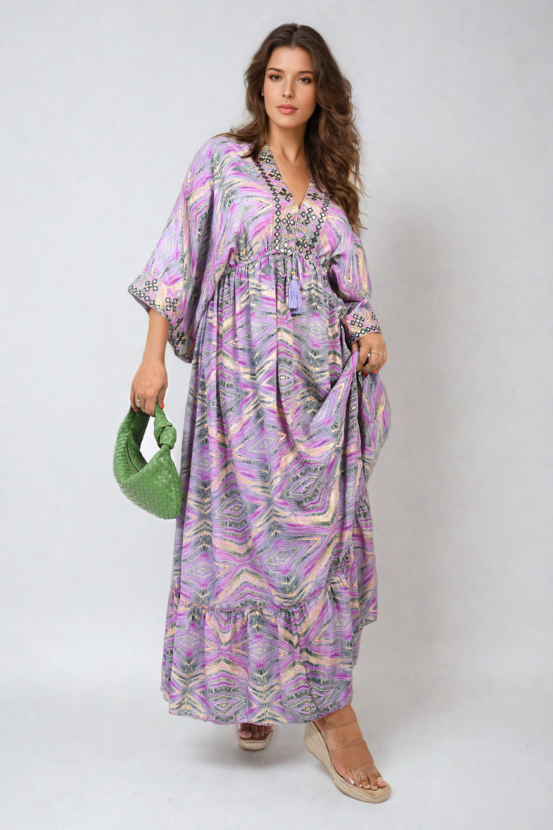 Printed Long V-Neck Ruffled Hem Maxi Dress with Front Tassel Detail