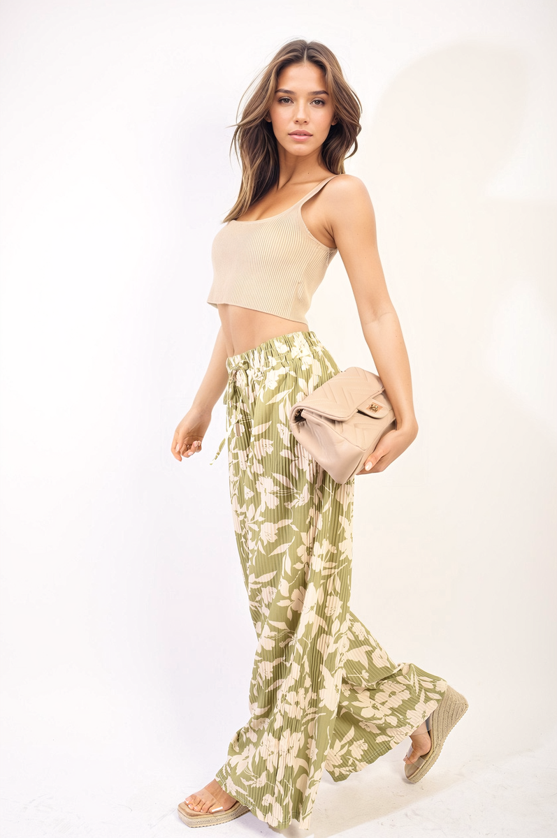 Pleated Wide Leg Floral Print Trousers