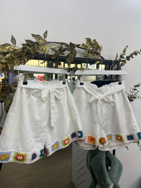 White Crochet Multicolour Detail Shorts With Belt
