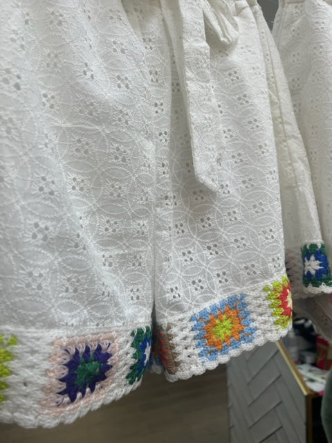 White Crochet Multicolour Detail Shorts With Belt