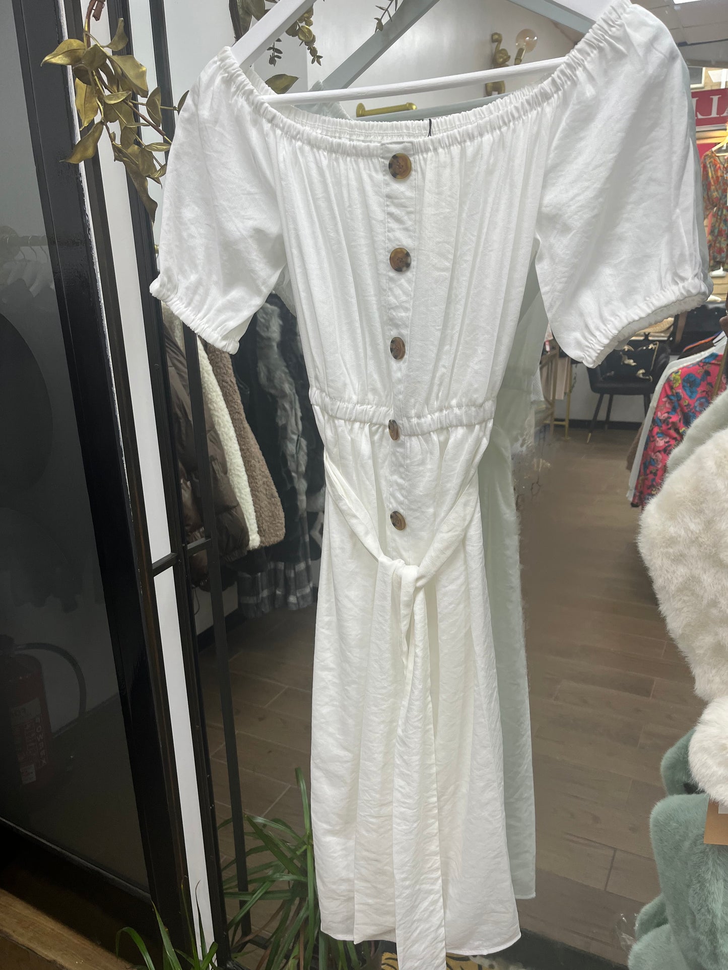 White Off The Shoulder Belted Midi Dress
