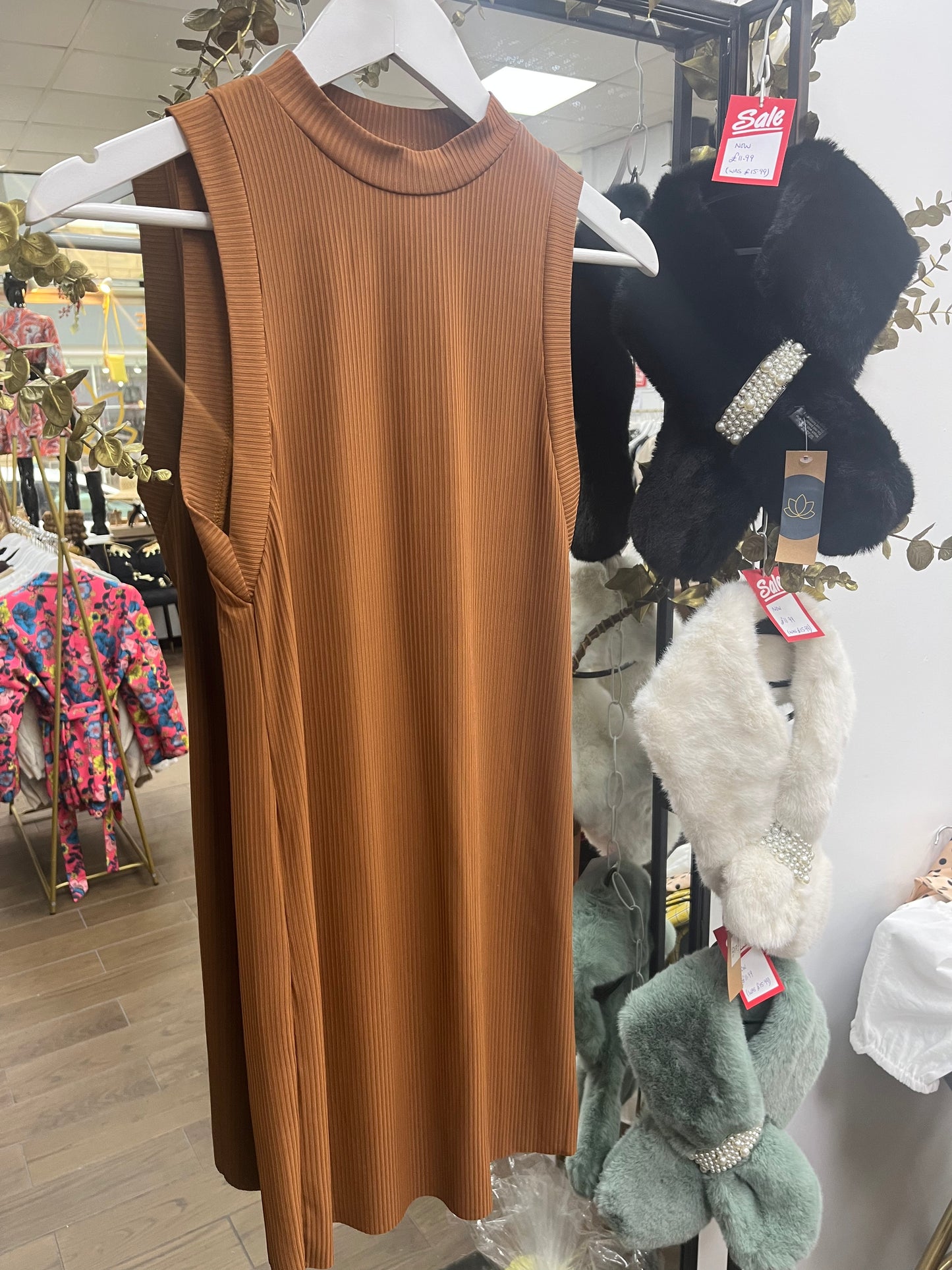 Camel High Neck Sleeveless Mini Dress