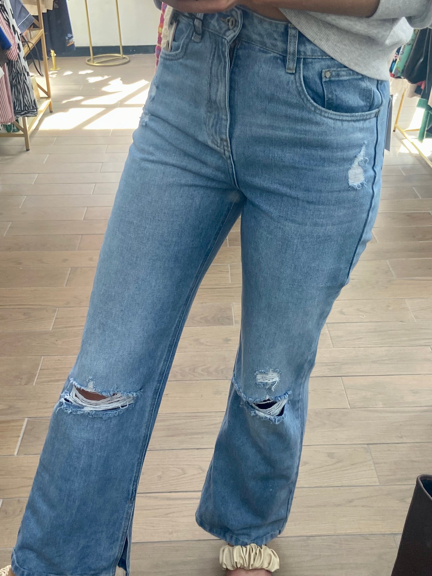 Straight Leg Ripped Mid Blue Split Hem Jeans