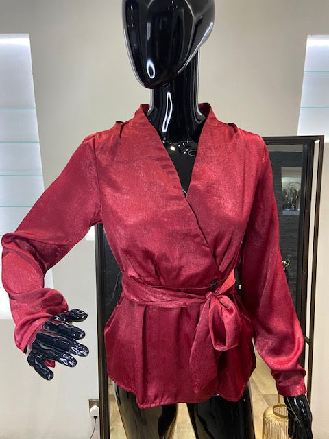 Red Shimmer Belted Wrap Top