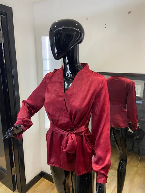 Red Shimmer Belted Wrap Top