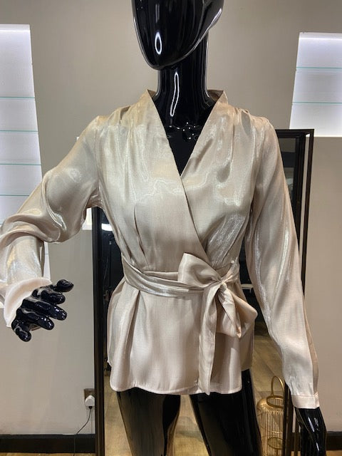 Champagne Shimmer Belted Wrap Top