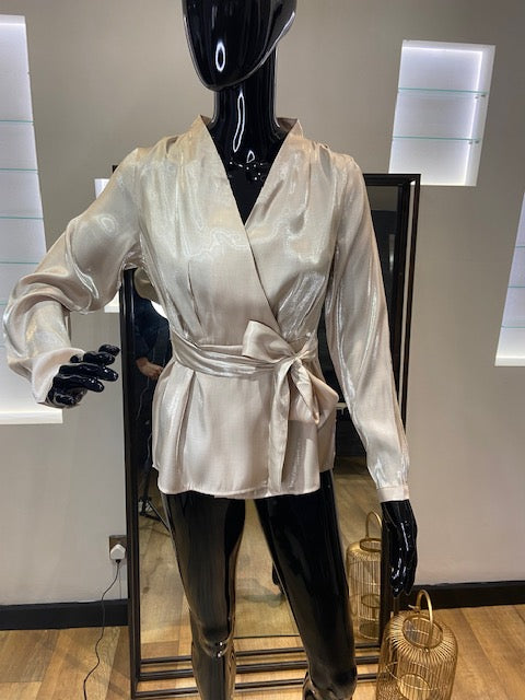 Champagne Shimmer Belted Wrap Top
